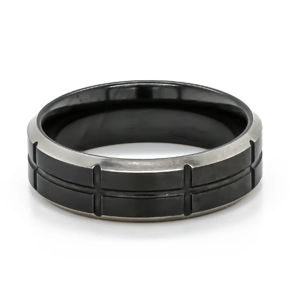 Gents 7mm Flat Profile Black Zirconium Ring, Chamfered Edges Twin Finish Z142CHRB