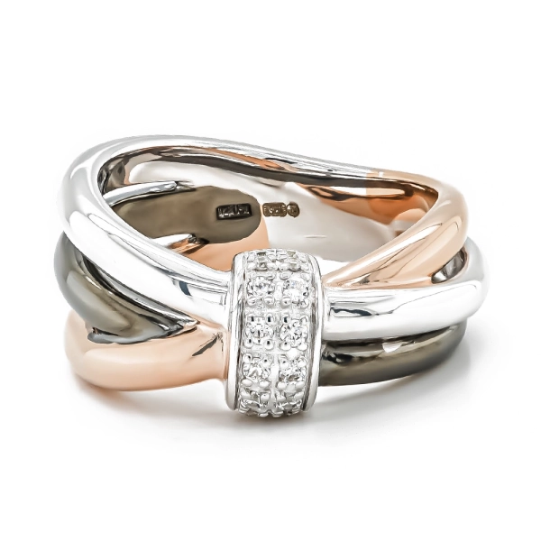 Silver, Rose Gold & Dark Rhodium Plated 3 Strand Ring with Cubic Zirconia Bar
