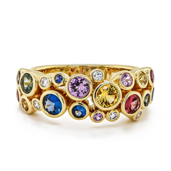 18ct Yellow Gold Multi Coloured Sapphire and Diamond Gemstone Bubble Ring