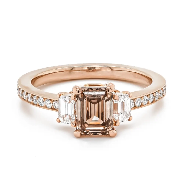 18ct Rose Gold Emerald Cut Fancy Brown Diamond with Diamond Shoulders Ring