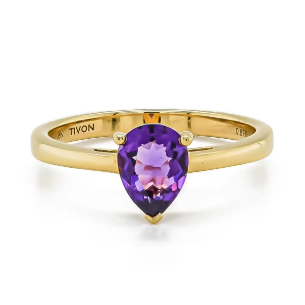 18ct Yellow Gold Pear Shaped Amethyst Claw Set Ring