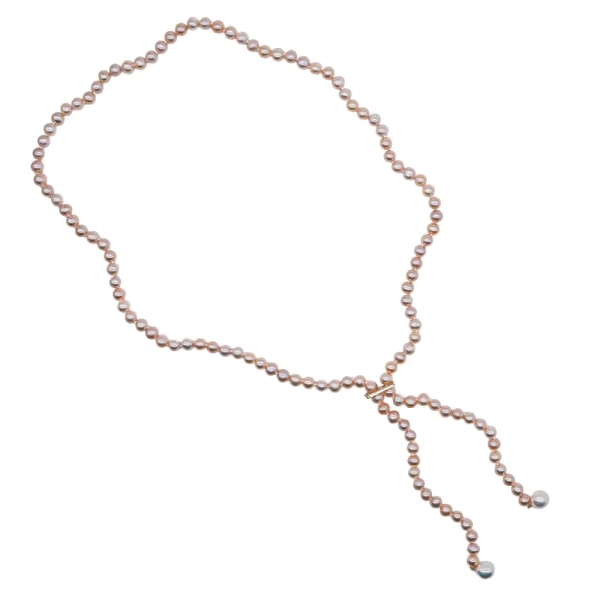 Peach Cultured River Pearl Lariat with White Teardrop Ends 32"