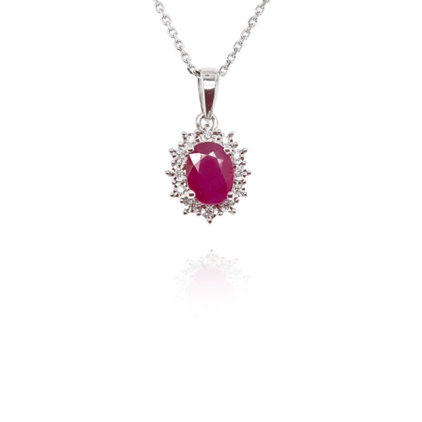 9ct White Gold Oval Ruby and Diamond Cluster Pendant