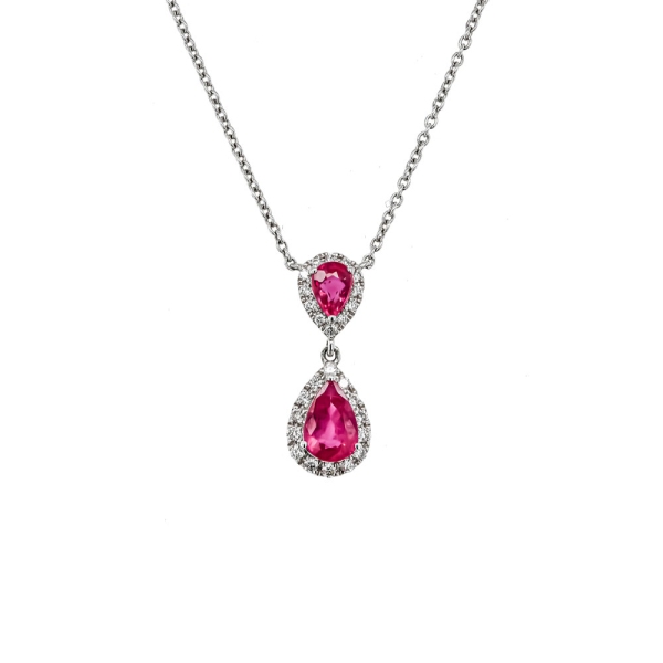18ct White Gold Double Ruby and Diamond Pear Shaped Cluster Drop Necklace