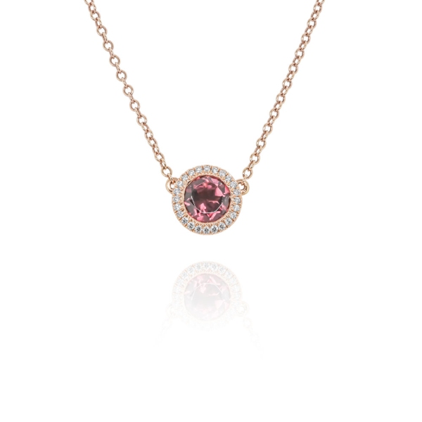 18ct Rose Gold Fancy Round Tourmaline With Diamond Halo Pendant 