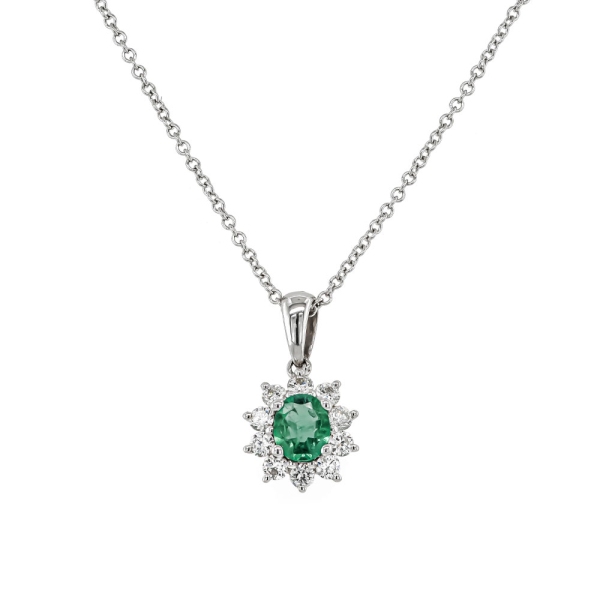 18ct White Gold Oval Emerald and Diamond Cluster Pendant