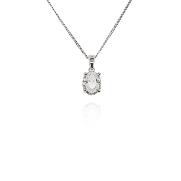 9ct White Gold Oval Diamond with Diamond Surround Necklace