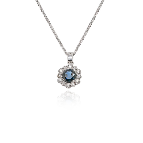 9ct White Gold Sapphire And 0.12ct Diamond Cluster Pendant