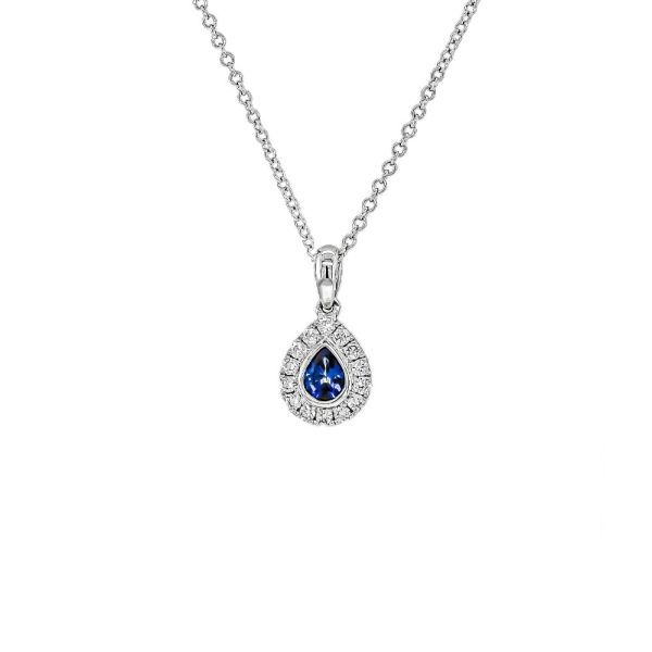 18ct White Gold Pear Shaped Sapphire and Diamond Pendant