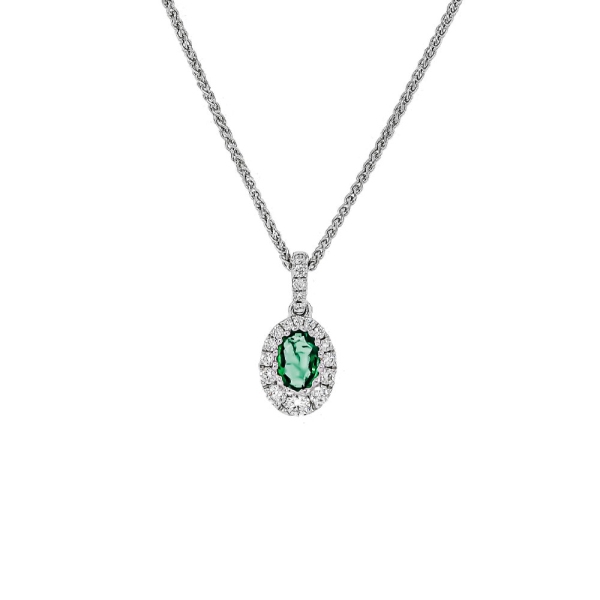 18ct White Gold Oval .39cts Emerald and Diamond Cluster Pendant