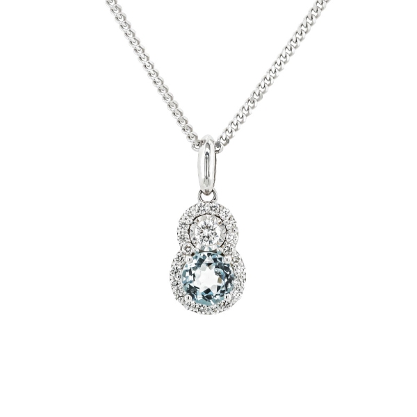9ct White Gold Blue Topaz and Diamond Double Cluster Drop Pendant