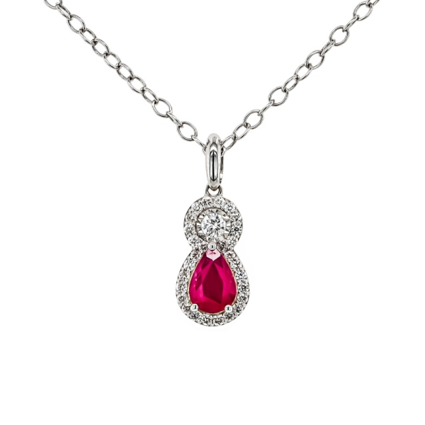 9ct White Gold Pear Shaped Ruby and Diamond Cluster Pendant