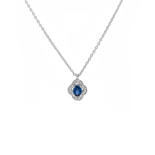 18ct White Gold Diamond and Sapphire Cluster Pendant with 18" Chain