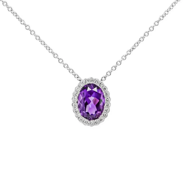 18ct White Gold Diamond and Amethyst Cluster Pendant and 18" Chain
