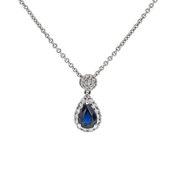 18ct White Gold Pear Shaped Sapphire and Diamond Cluster Pendant