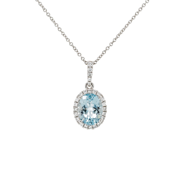18ct White Gold Oval Aquamarine and Diamond Cluster Pendant and Chain