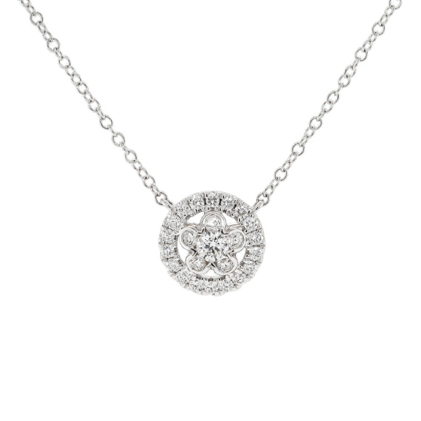 18ct White Gold Brilliant Cut Diamond Open Circle Flower Pendant with 18" Chain