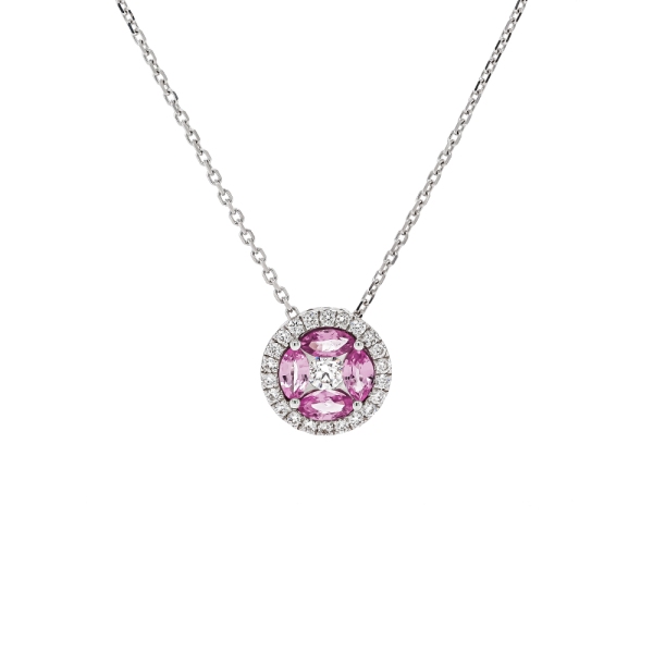 18ct White Gold Marquise Pink Sapphire and Diamond Cluster Pendant 