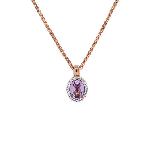 9ct Rose Gold Oval Amethyst and Diamond Cluster Pendant