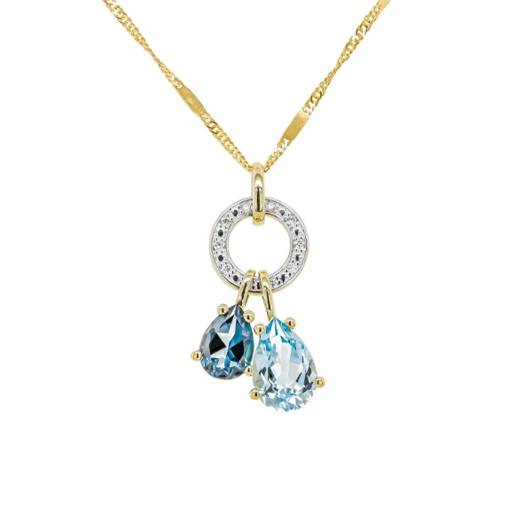 9ct Yellow Gold Dark Blue and Sky Blue Topaz with Diamond Loop Pendant