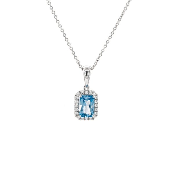 18ct White Gold Emerald Cut Blue Topaz and Diamond Cluster Necklace