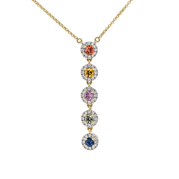18ct Yellow Gold Multi Coloured Sapphire and Diamond Drop Pendant