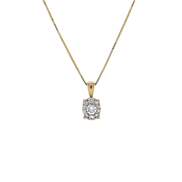 9ct Yellow and White Oval Diamond Cluster Pendant with chain 