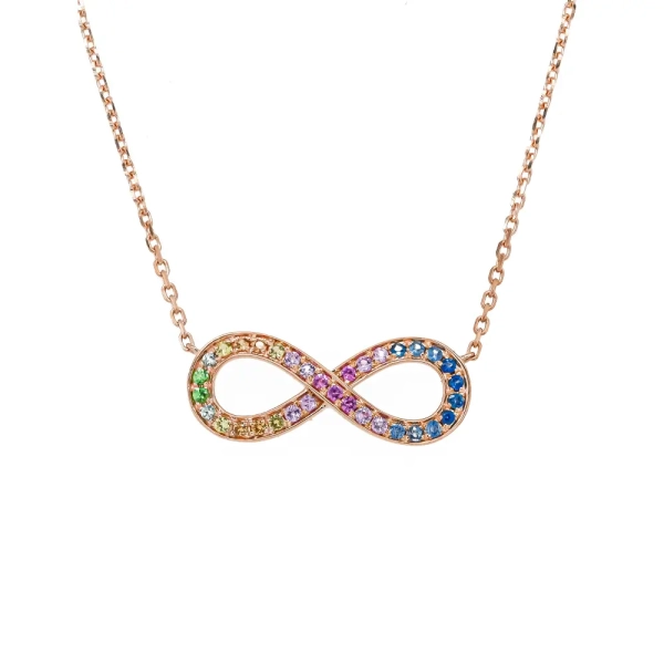 18ct Rose Gold Brilliant Cut Rainbow Sapphire Infinity Pendant with 16" Chain