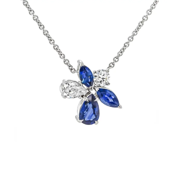 18ct White Gold Diamond & Sapphire Flower Pendant with 16" Chain