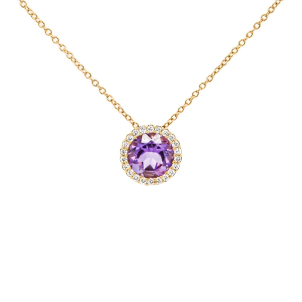 18ct Yellow Gold Diamond & Amethyst Cluster Pendant and 18" Chain