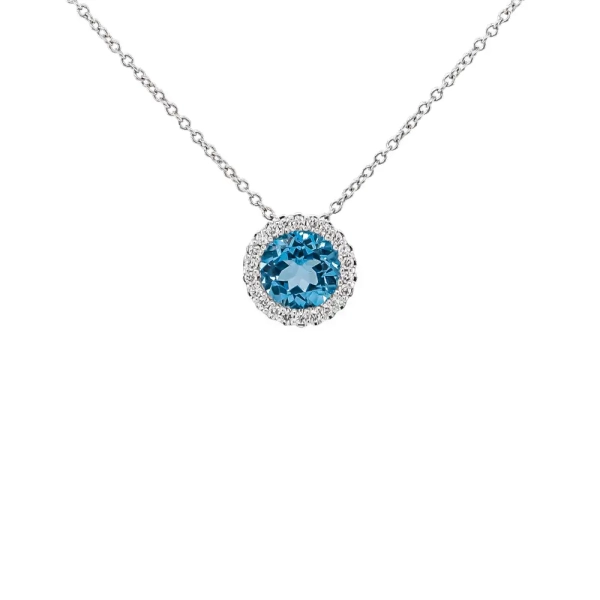 18ct White Gold Blue Topaz and Diamond Cluster Pendant and 18" Chain