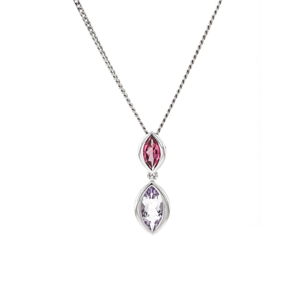 9ct White Gold Amethyst and Pink Rhodolite Drop Pendant