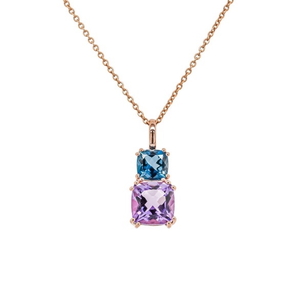 9ct Rose Gold Blue Topaz and Amethyst Drop Pendant