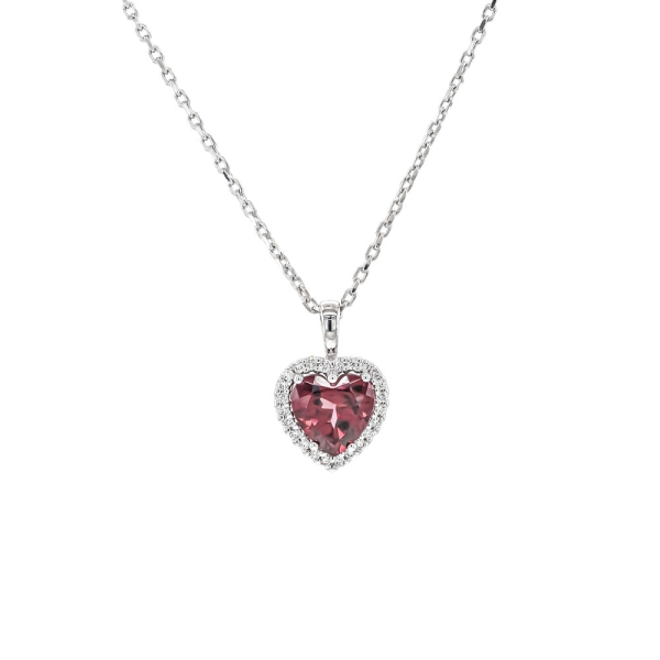 9ct White Gold Diamond and Heart Shaped Pink Rhodolithe Pendant