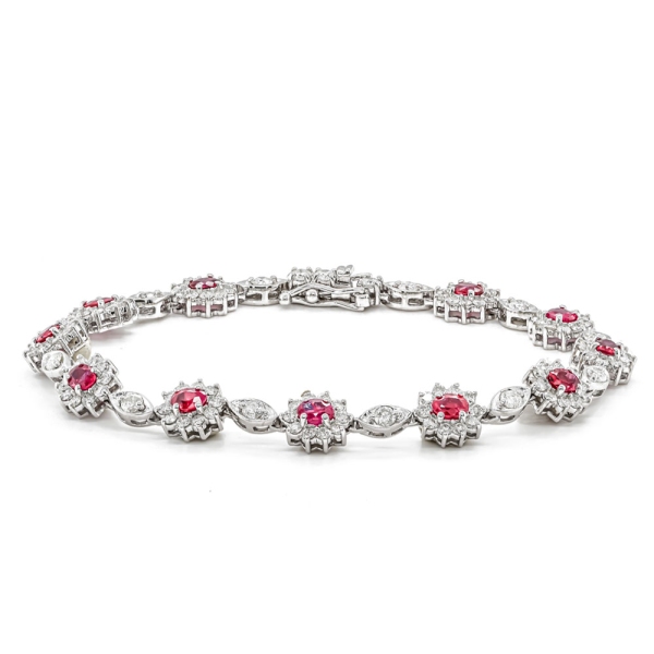 9ct White Gold Oval Ruby and Diamond Marquis Cluster Bracelet 