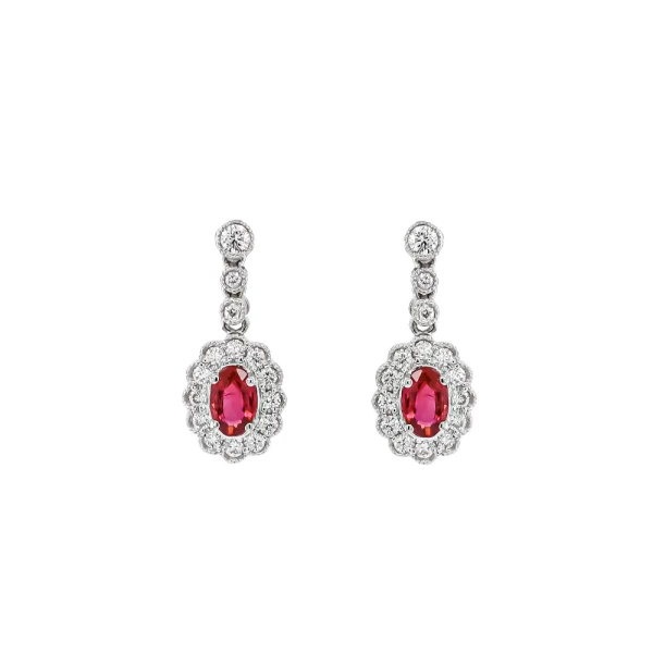 9ct White Gold 0.56ct Ruby & 0.35ct Diamond Cluster Drop Earrings