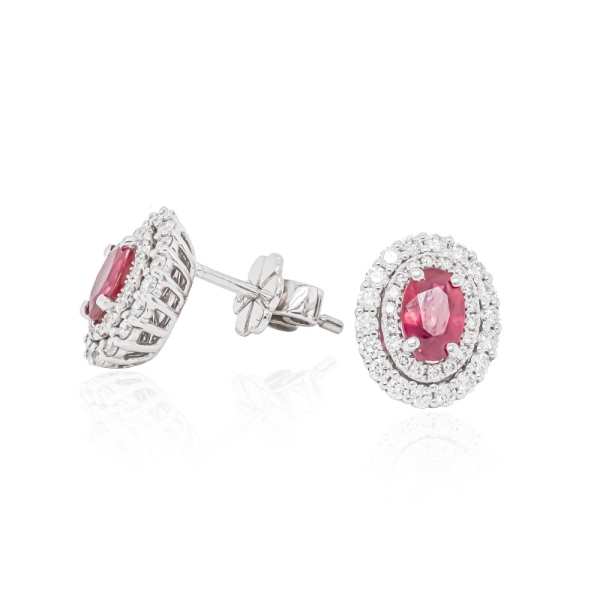 18ct White Gold Ruby And 72 Diamonds Double Halo Stud Earrings