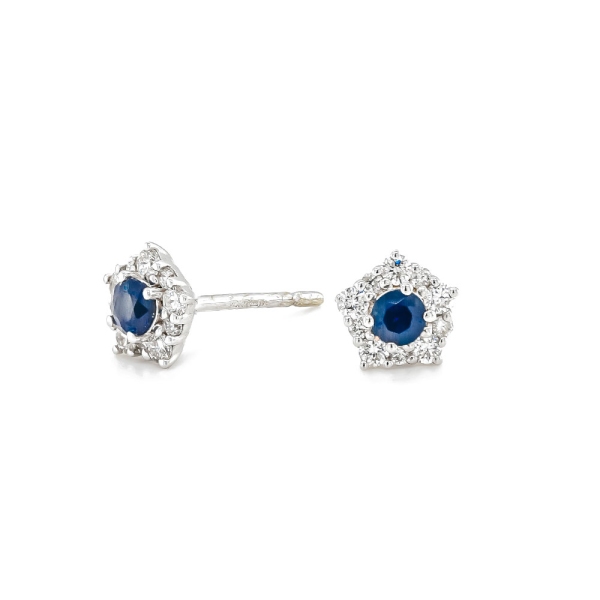 9ct White Gold Round Sapphire and Diamond Flower Cluster Stud Earrings