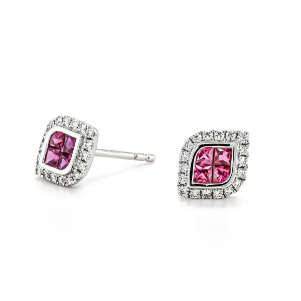 18ct White Gold Marquis Shape Ruby and Diamond Cluster Earrings