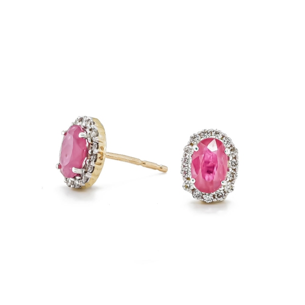 9ct Yellow and White Gold Oval Ruby and Diamond Cluster Stud Earrings
