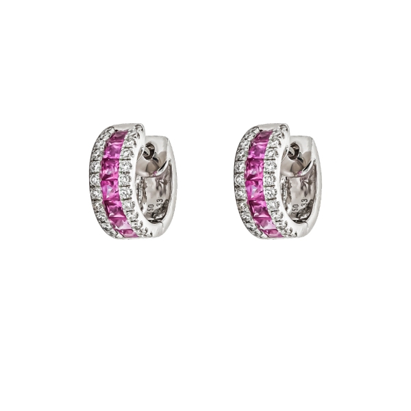 18ct White Gold Princess Cut Pink Sapphire and Diamond Hoop Earrings