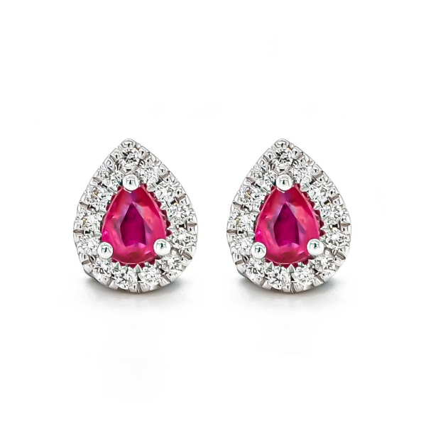 18ct White Gold Pear Shaped Ruby and Diamond Cluster Stud Earrings