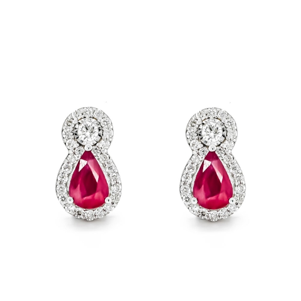 9ct White Gold Pear Shaped Ruby and Diamond Cluster Illusion Earrings