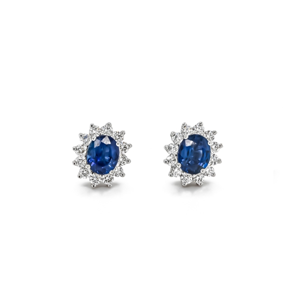 18ct White Gold Oval Sapphires 1.15cts and Diamond Cluster Stud Earrings
