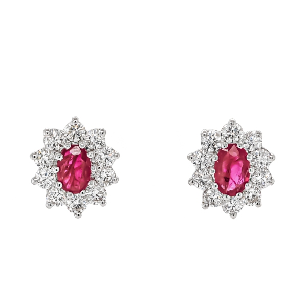 18ct White Gold Oval Ruby 1.00cts and Round Diamond Cluster Stud Earrings
