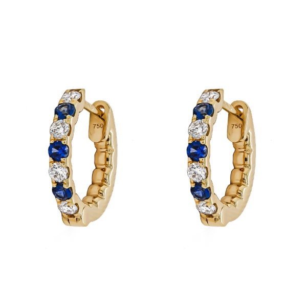 18ct Yellow Gold Slim Sapphire And Diamond Hoop Earrings