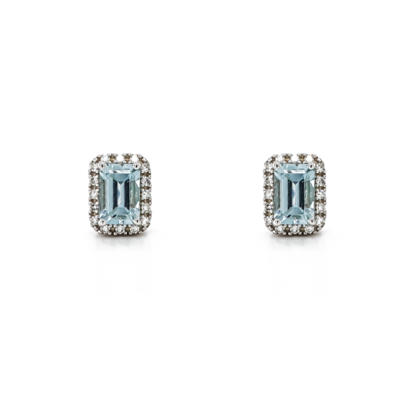 9ct White Gold Emerald Cut Aquamarine and Diamond Cluster Stud Earrings