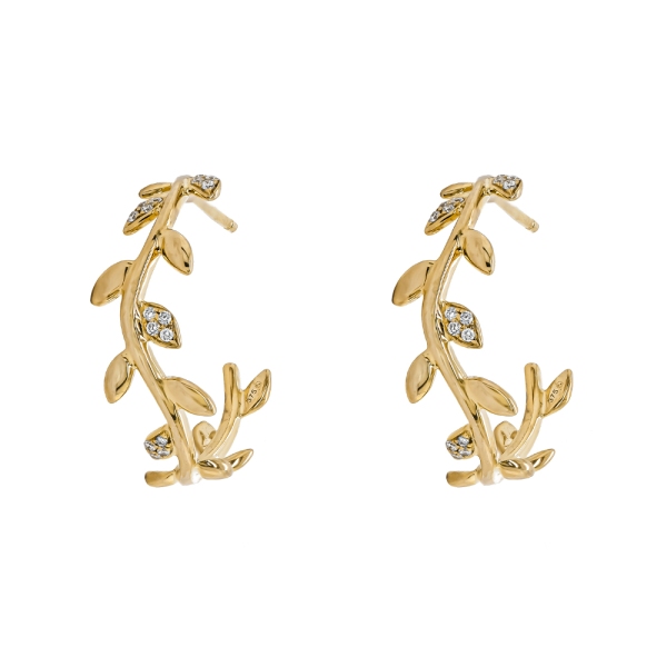 9ct Yellow Gold Diamond Set Leaf Patterned Hoops