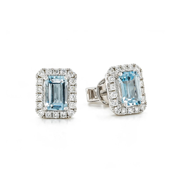 18ct White Gold Emerald Cut Aquamarine and Diamond Cluster Stud Earrings