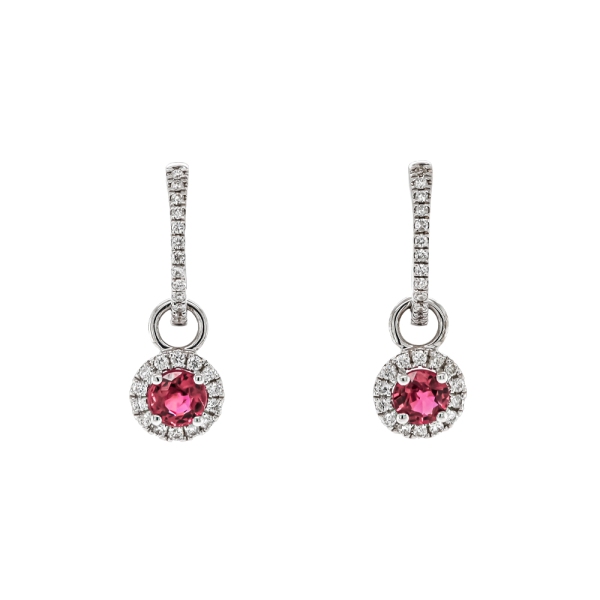 9ct White Gold Round Ruby and Diamond Cluster Charm Hoop Earrings
